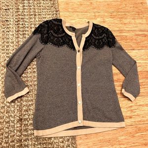 Ann Taylor Lace & Stripe Quarter Sleeve Cardigan
